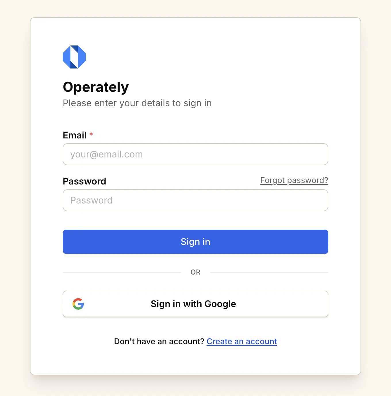 Screenshot: Main login screen with Google and email options