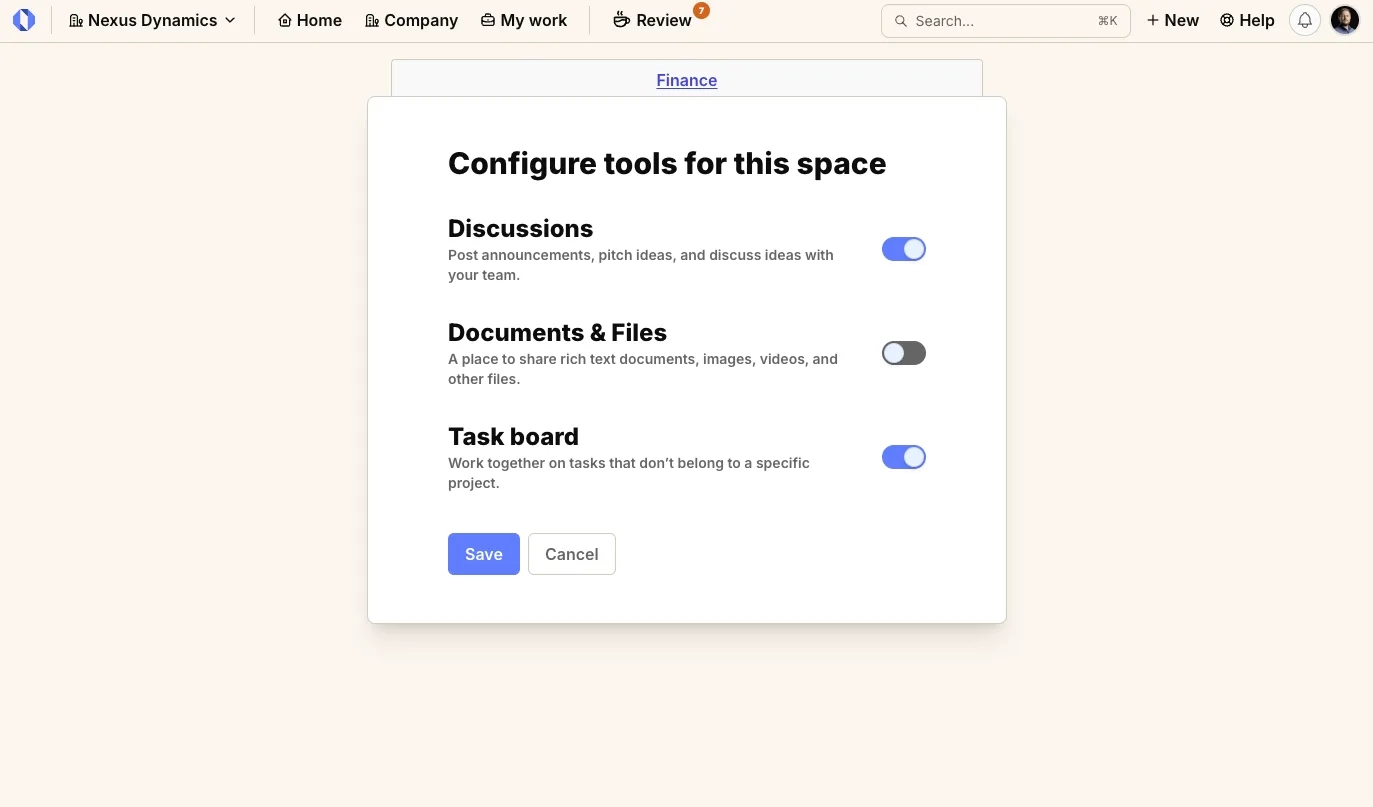 Space tools configuration
